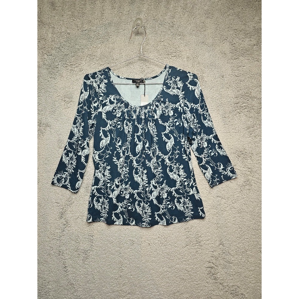 Talbots Petites Navy Blue White Floral Scroll 3/4 Sleeve Scoop Neck Top Medium